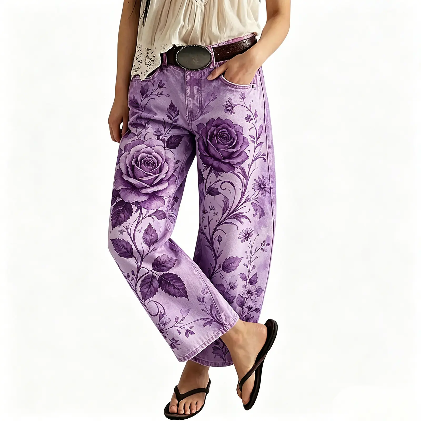 Women's vintage-wash wide-leg jeans; Y2K-style loose-fitting trousers; soft pink base with a bohemian floral print; suitable for year-round outdoor activities and streetwear styling.