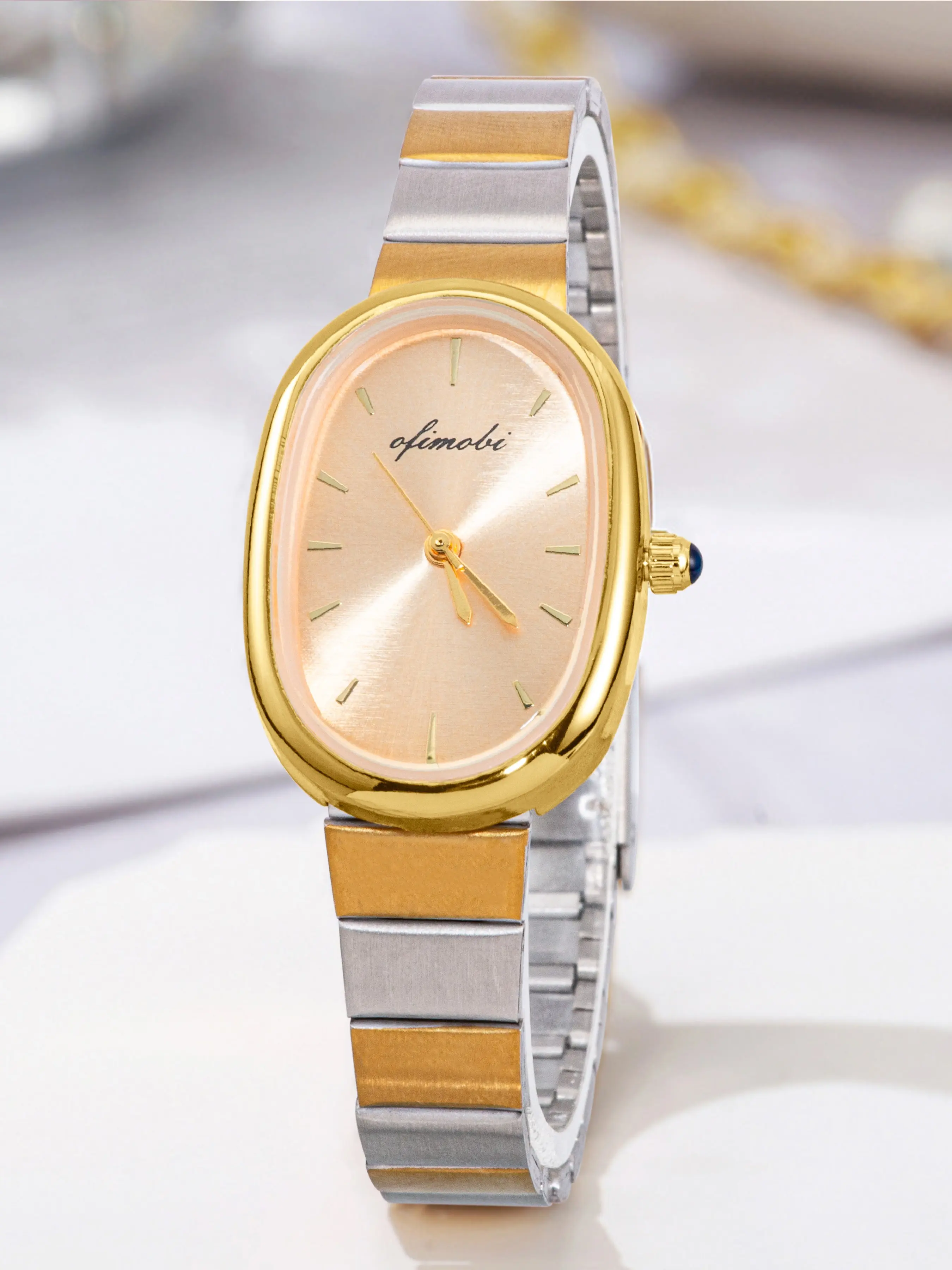 OFIMOBI Small Gold Watches for Women,Analog Womens Watch with Stainless Steel Expansion Band,Oval Case Roman Dial,Water Resistant