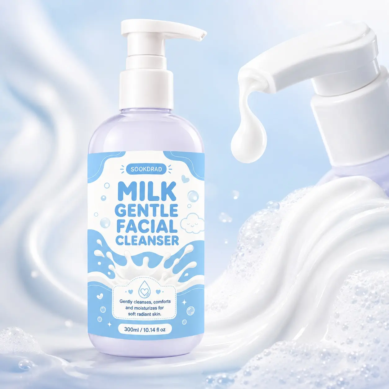 milk gentle facial cleanser, milk ingredient, gently cleanses, comforts, moisturizes, soft radiant skin, face, 300ml/10.14 fl oz
