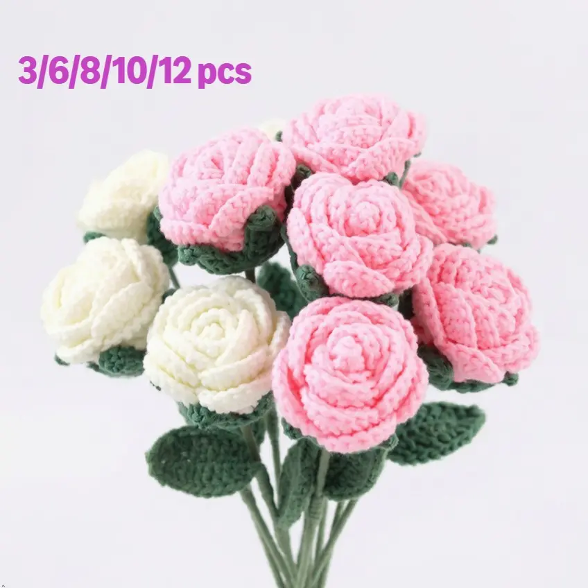 Handmade Crochet Rose Bouquet (3/6/12 pcs), Decorative flowers, Hand-Knitted Roses for Spring Decor, Wedding Bridal Bouquet, Home Party Outdoor Decor & Gift for Lovers, Friends, Family,Valentine's Day Mother's Day & Holidays
