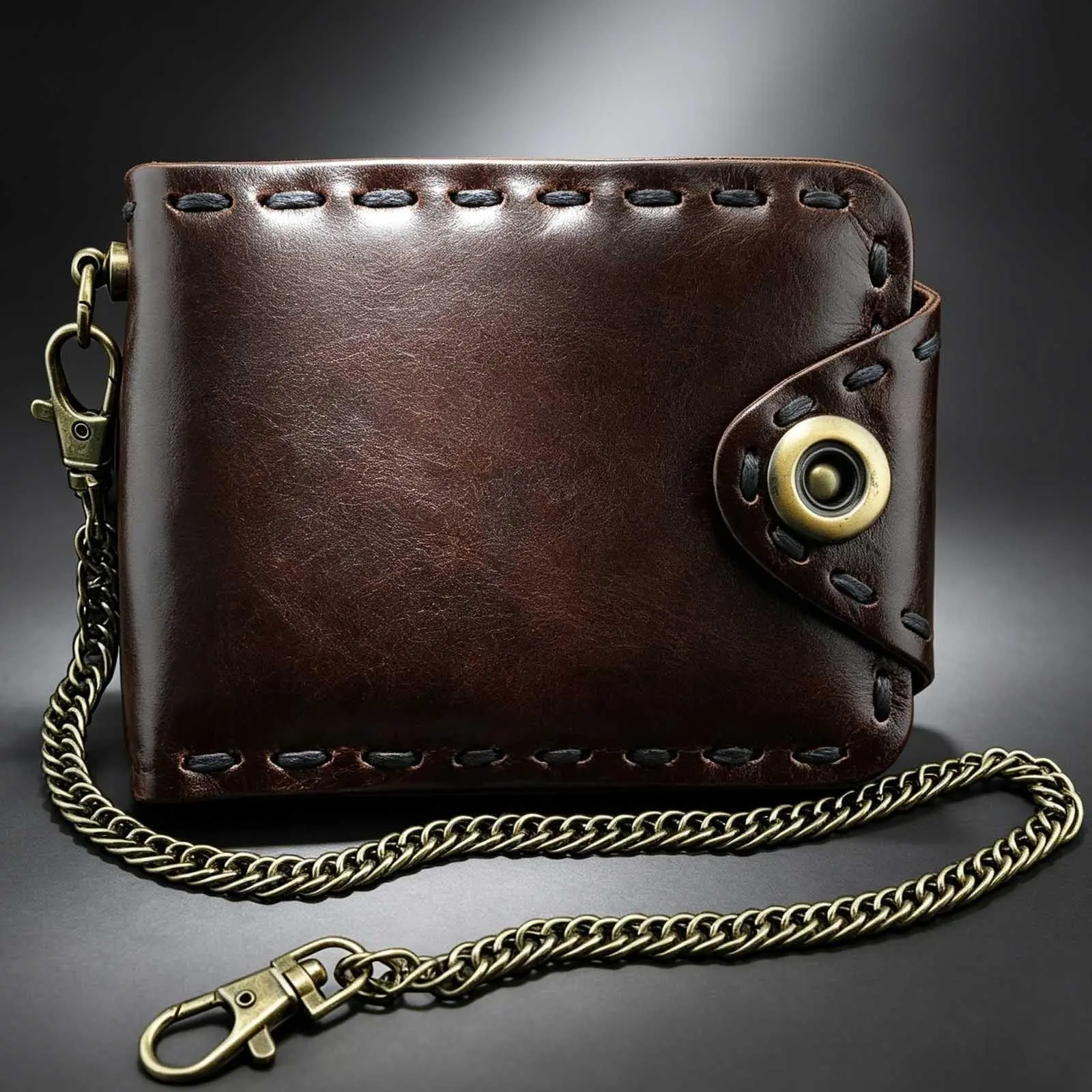 Vintage Leather Snap Wallet For Men With Chain Biker Card Holder Coffee Gift