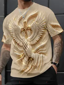 3D Embossed Prayer Hand Cross Angel Wings Men's Short Sleeve T-Shirt, Religious Round Neck Top, Soft Breathable, Casual Daily Wear