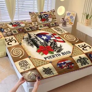 Puerto Rico Cultural Patchwork Fitted Sheet Set 3 Piece, 1 Fitted Sheet + 2 Pillowcases, Soft Microfiber Deep Pocket Design, Hispanic Cultural Bedroom Decoration, Gift for Puerto Rico Native Enthusiast