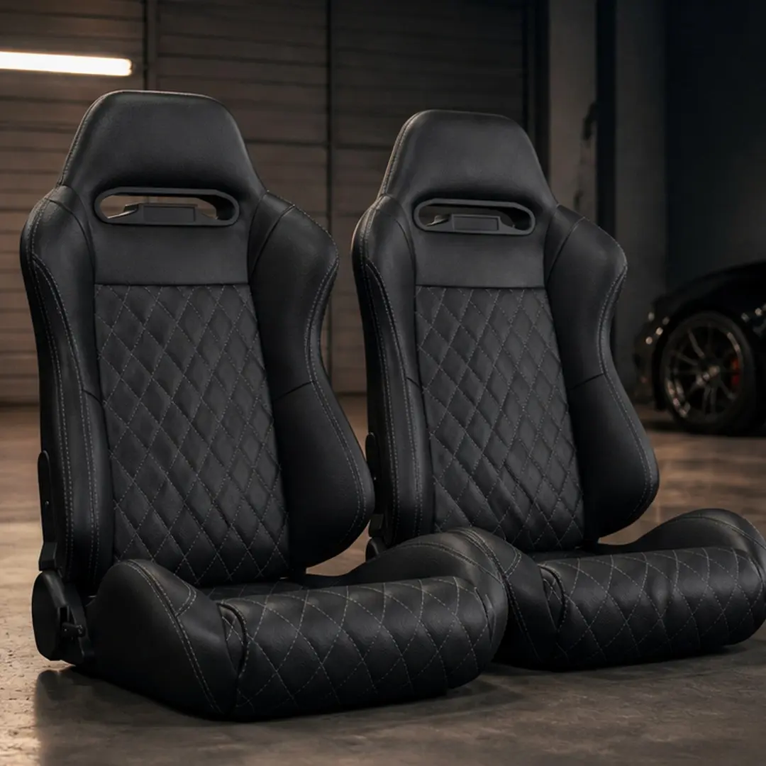 Universal Racing Seats Pair PVC Leather Reclinable Carbon Look Black/Black+Gray/Brown Options with Dual Lock Sliders Adjustable 90-180 Degree Ergonomic Foam Padding Thick Steel Frame for Car Truck SUV 2PC Set, Black/Black+ Gray/Brown Color