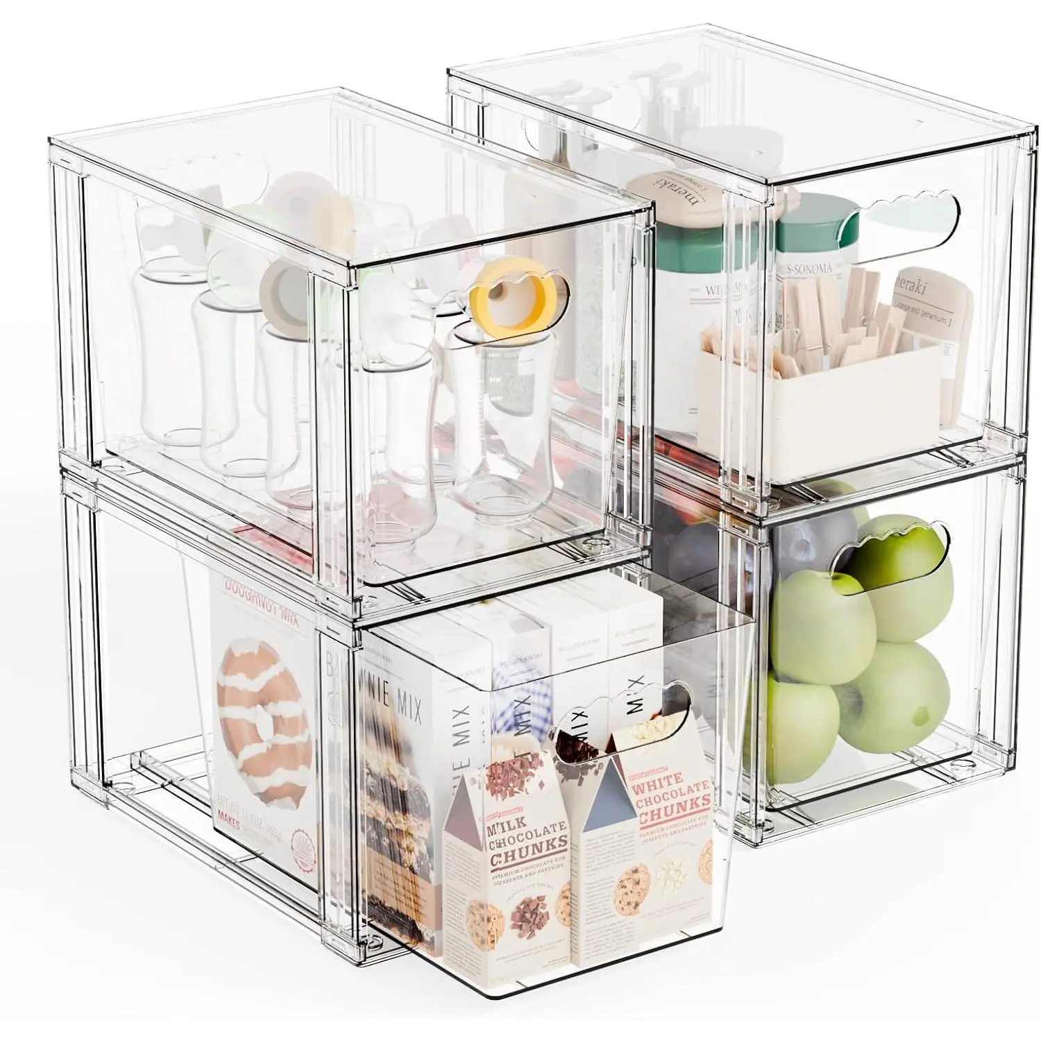 4 Pack Large Stackable Storage Drawers,11″Deep Under Cabinet Organizer, Bottle Organizer,Clear Stacking Pull Out Drawer, Storage Containers Bins for Organizing Snack,,Makeup