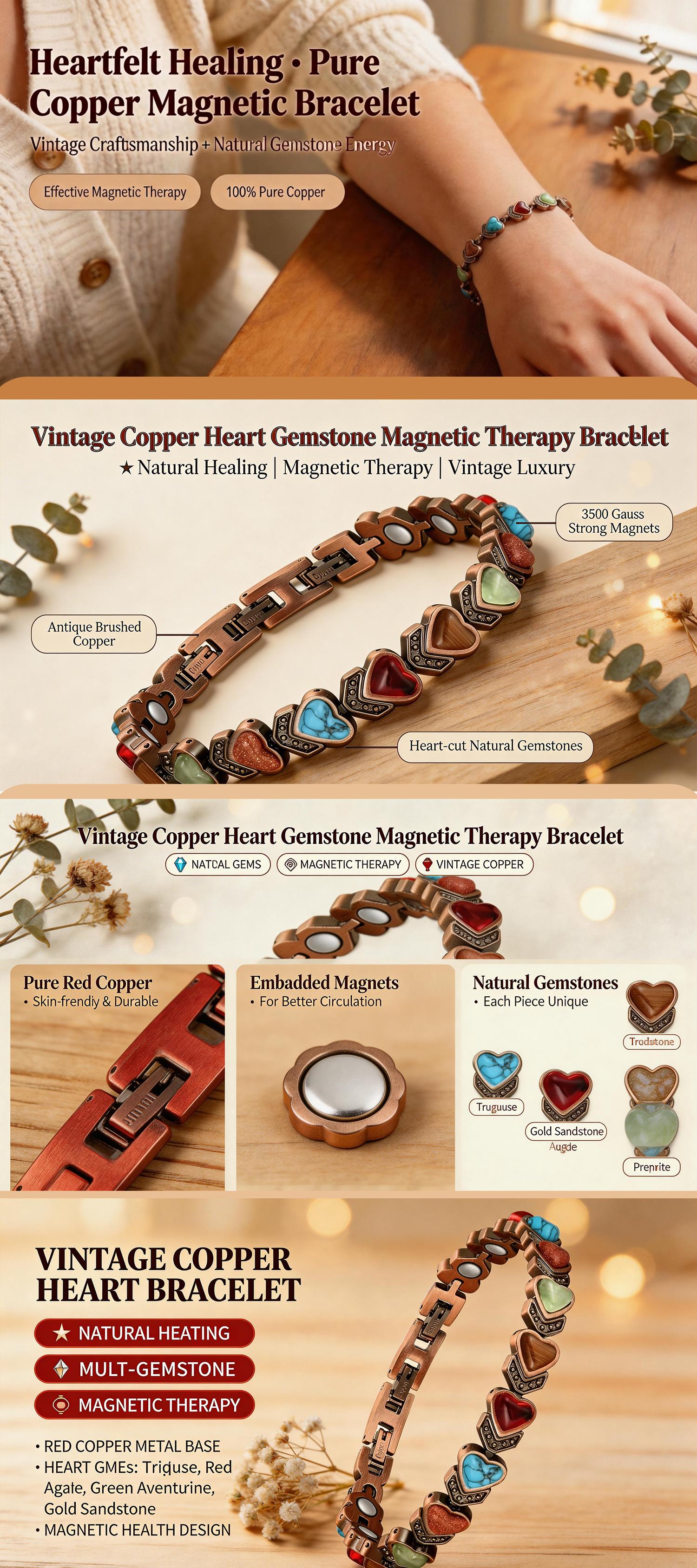Copper Magnetic Bracelet for Women and Men, Pure Copper with Natural Unique Gemstone, Trendy Stack Bangle, Fashion Jewellery Accessories, Perfect Valentine’s Day & Daily Gift