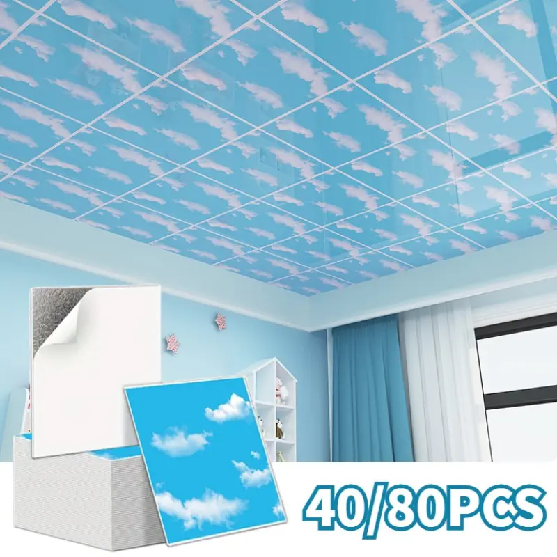 40/80pcs Blue Sky White Clouds Ceiling Wallpaper Peel and Stick, 3D Blue Sky White Cloud Wallpaper Peel and Stick,Self-Adhesive Removable Sky Wall Mural, Waterproof Cloud Wall Sticker for Bedroom Living Room