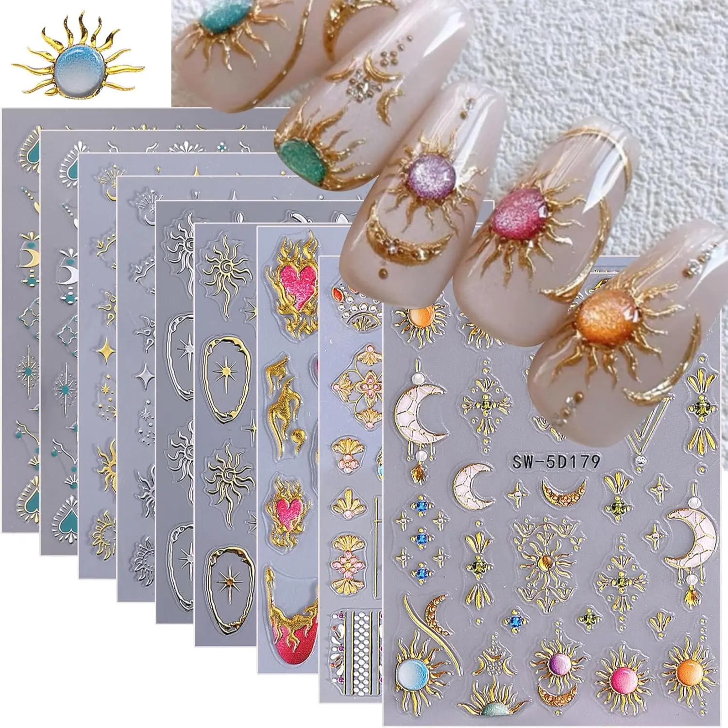 Sun Nail Stickers Decals 9 Sheets, Bohemian Style Nail Art Stickers, 5D/3D Embossed, Self Adhesive, DIY Metallic Designs, Gothic Decoration, Nail Art Accessories