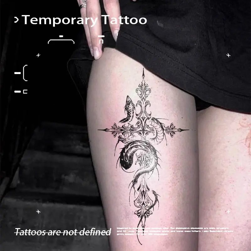Vintage Filigree Cross Serpent Dragon Herbal Juice Temporary Tattoo Sweatproof Non Toxic Fake Tattoo Stickers For Women Y2K Gothic Summer Bikini Body Makeup Decor Ephemeral Tattoos