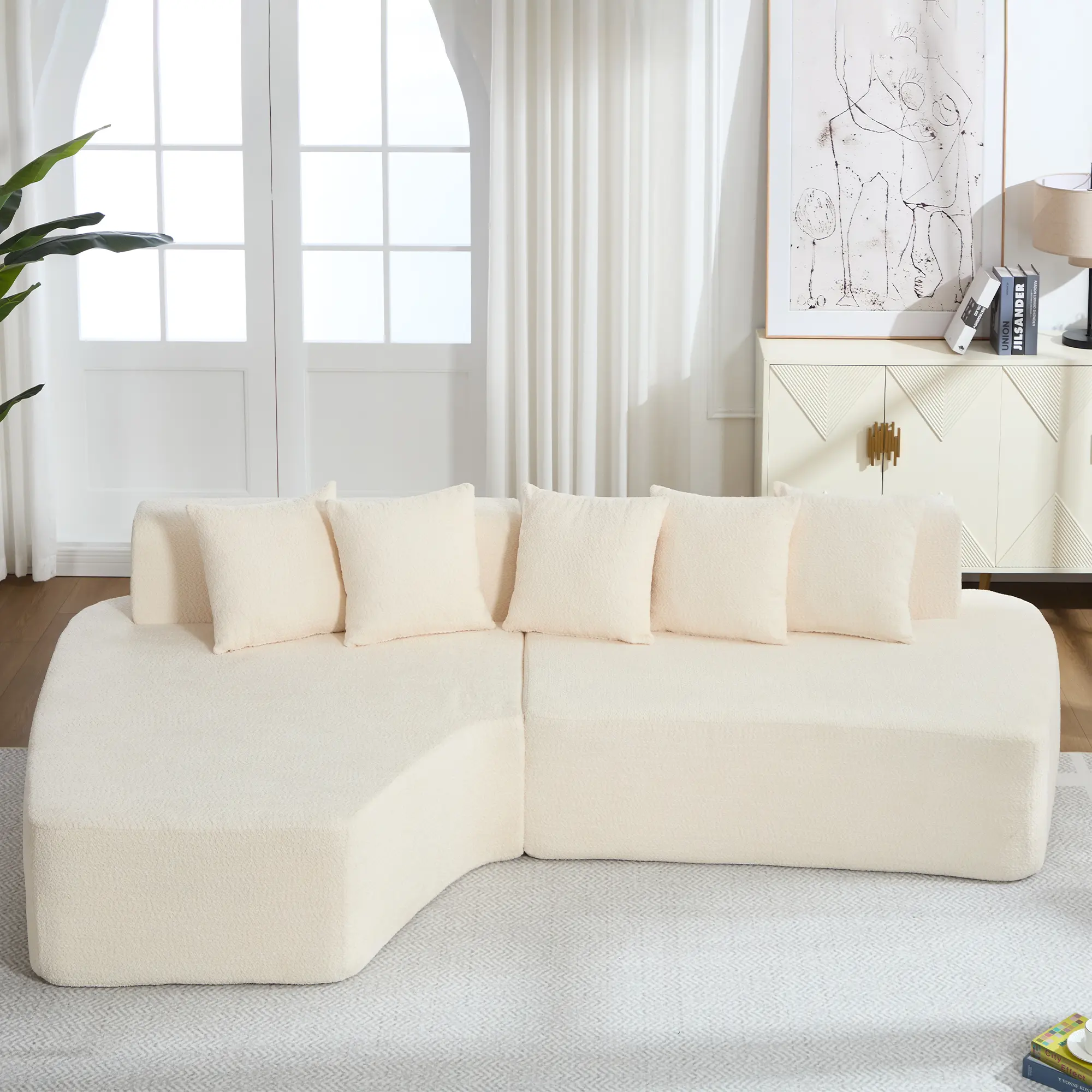 ARCH Compression Sectional Couch with Chaise, 3-Seat L-Shaped Sofa with Deep Seat, Memory Foam Cloud Couch with Pillows, Corduroy Chenille Upholstered Sofa for Living Room Bedroom Apartment, No Assembly Required, Ivory, Ivory Color Options
