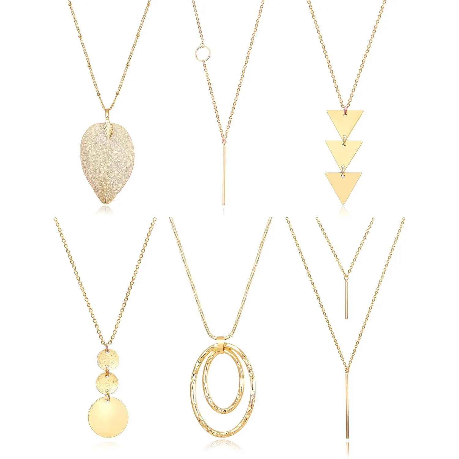 Women's 6-PCS Pendant Necklace Set - Gold Bar, Circle, Leaf, Triangle, Tassel Designs, Female Geometric Y-Shaped Necklace Set 1