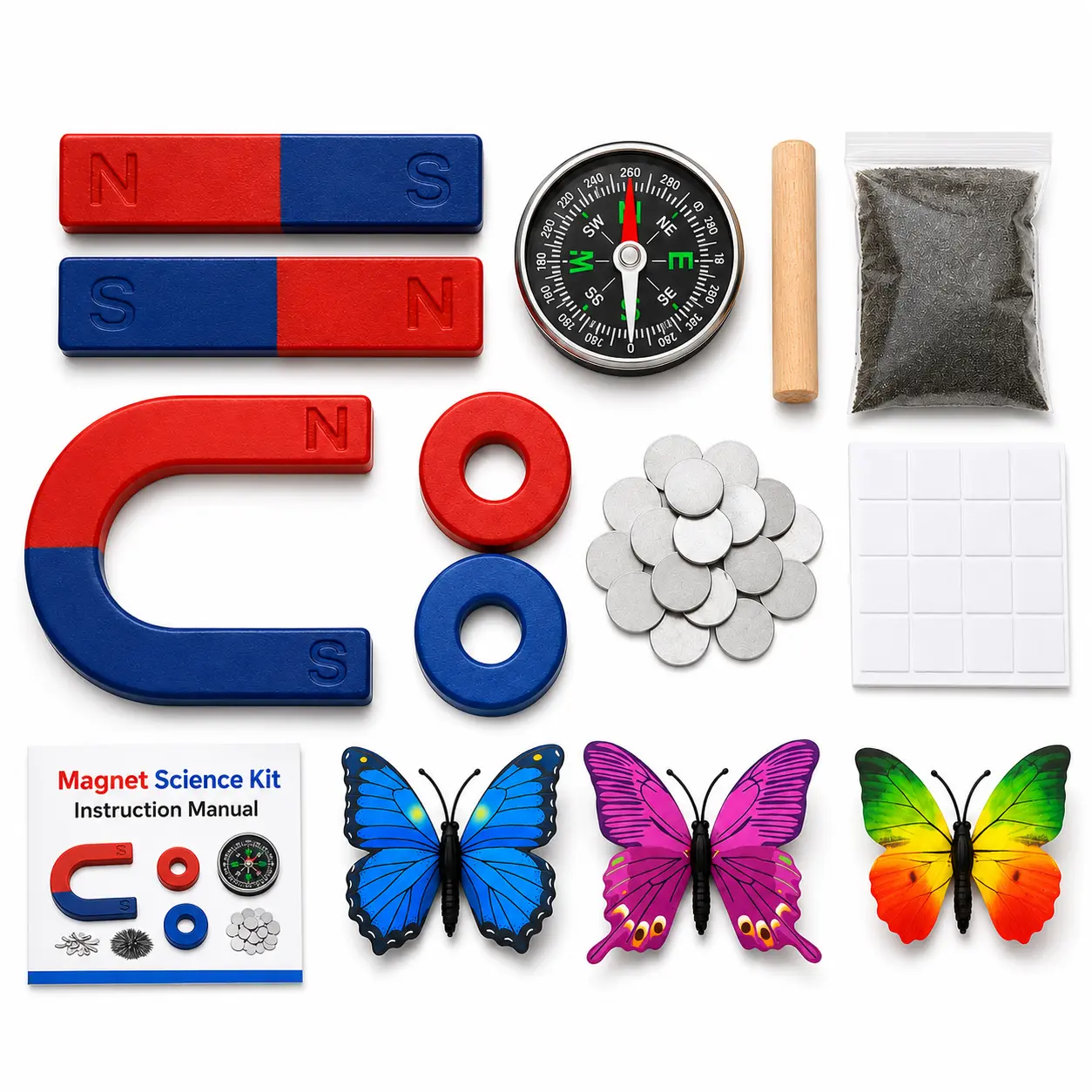Aomag Unisex STEM Physics Science Magnet Kit - Multiple Magnets (Bar, Ring, Horseshoe), Compass, Iron Filings, Experiment Tools for Kids Development, Group Experiments, Directional Force Behavior Teaching Demonstrations
