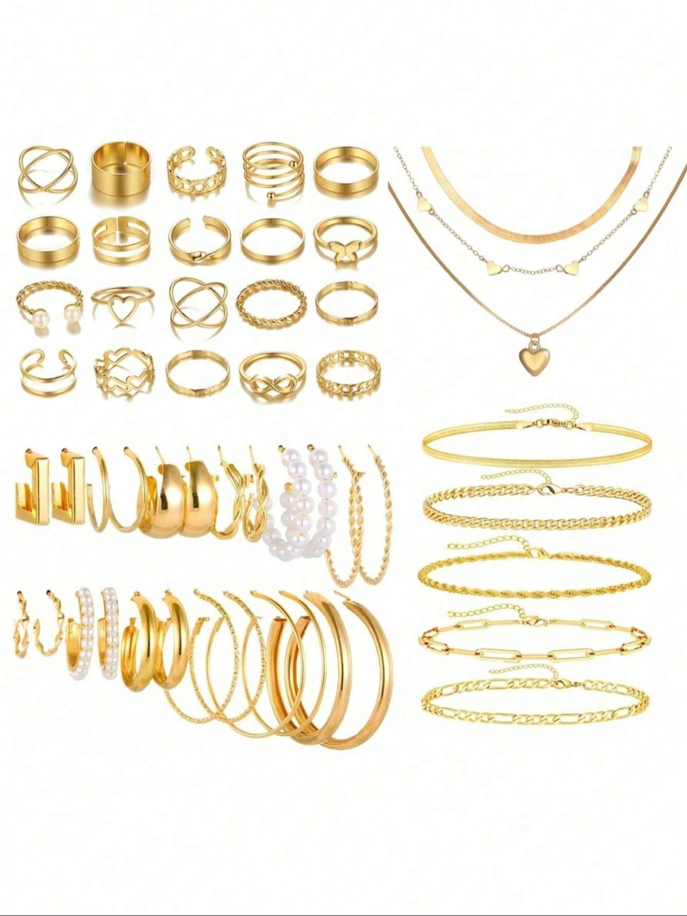 Vintage Jewelry Set, Butterfly Heart Pearl Star Moon Rhinestone Wide Ring Snake Chain Braid Geometric C Earrings Necklace Bracelet Gift