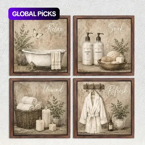 4pcs Vintage Bathroom Wood Wall Art, Relax Soak Hanging Decor, Home Decoration for Bedroom, Living Room, Office, Christmas Gift, No Drilling, Free Tape Included #GLOBAL PICKS