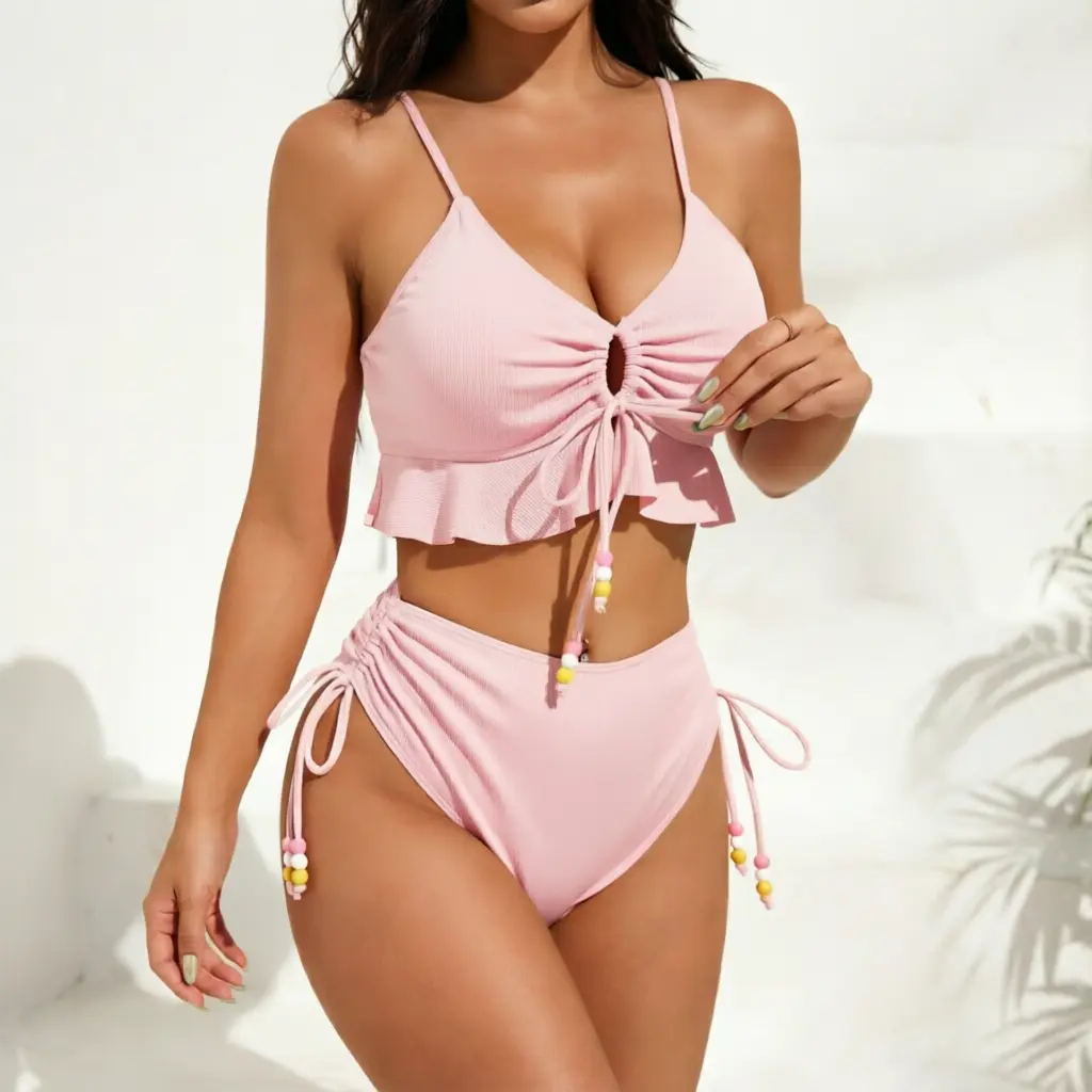 Women's 2-Piece Solid Ribbed Textured Bikini Swimsuit - Front Drawstring Cutout Ruffle Hem Top, High-Cut Side Ruched Bottoms with Colorful Beaded Ties, Tummy-Control Bathing Suit for Beach, Pool