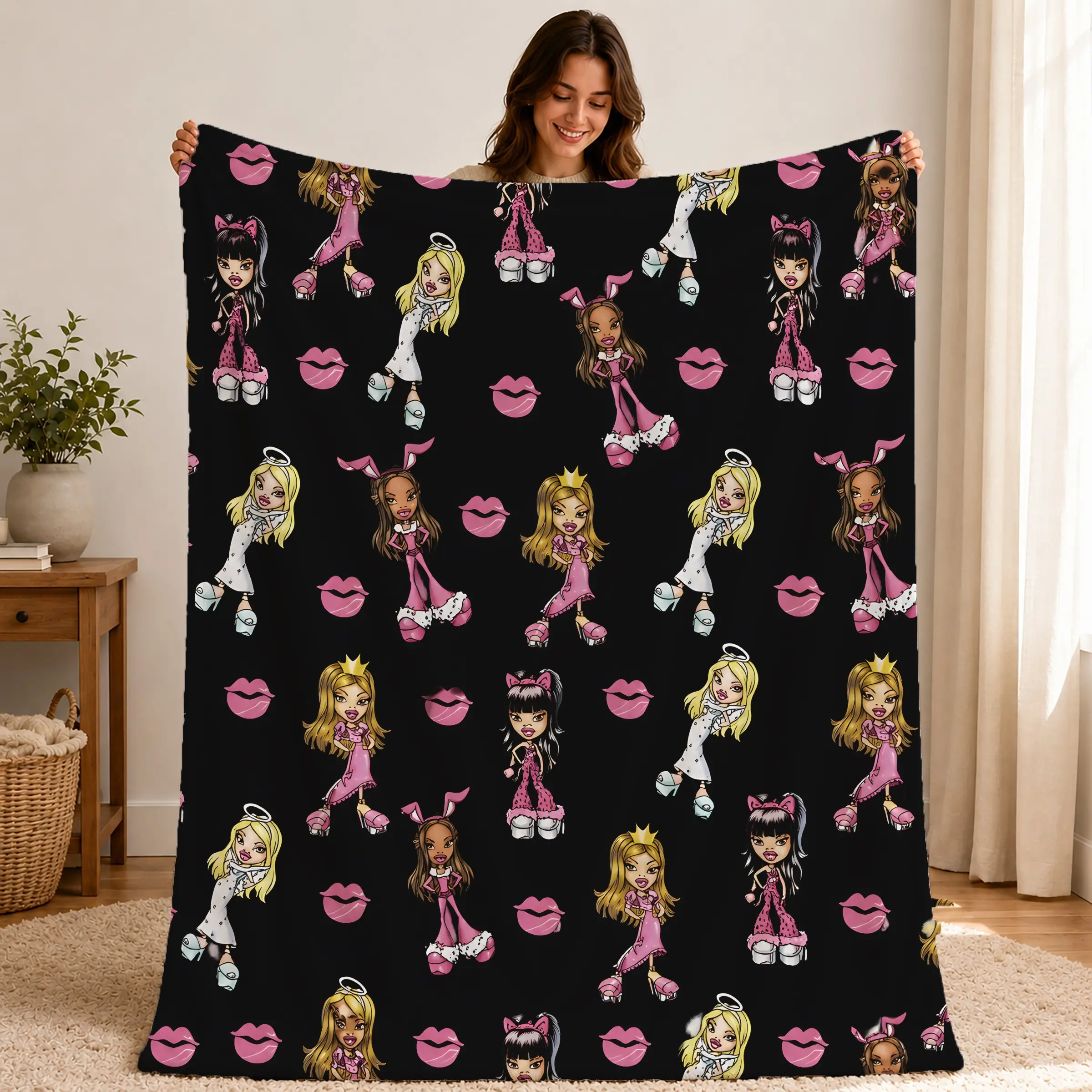 Bratz Doll Sweet Cool Limited Edition Flannel Blanket, Base with Lip Print, Y2K Millennial Style, Soft Flannel for Sofa Bed Office