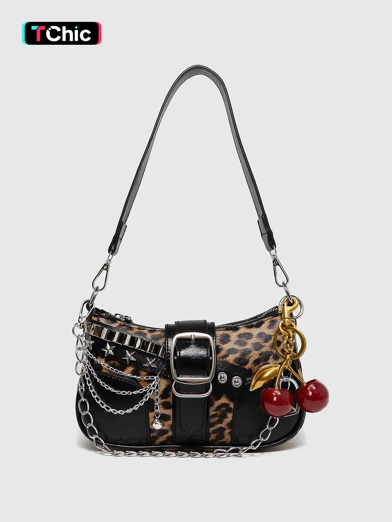 Women's PU Leather Shoulder Bag, Vintage Leopard Print Colorblock Crescent Clutch, Y2K Style Chain Decorated Crossbody Bag, Casual Trendy Bag