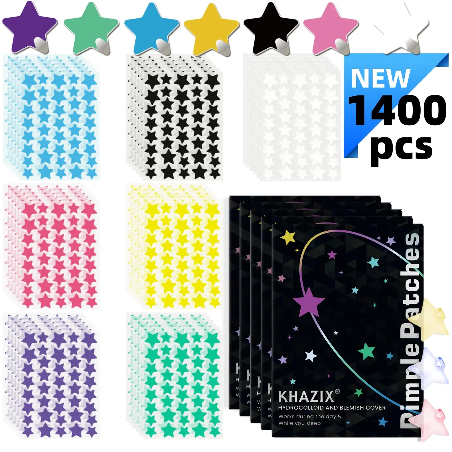 1400 Pieces Multi-Color Large-Sized Star Acne Patches, Facial Acne Patches, Concealing Papule Patches, Ultra-Thin Breathable Skin-Friendly, Acne Pimple Patch