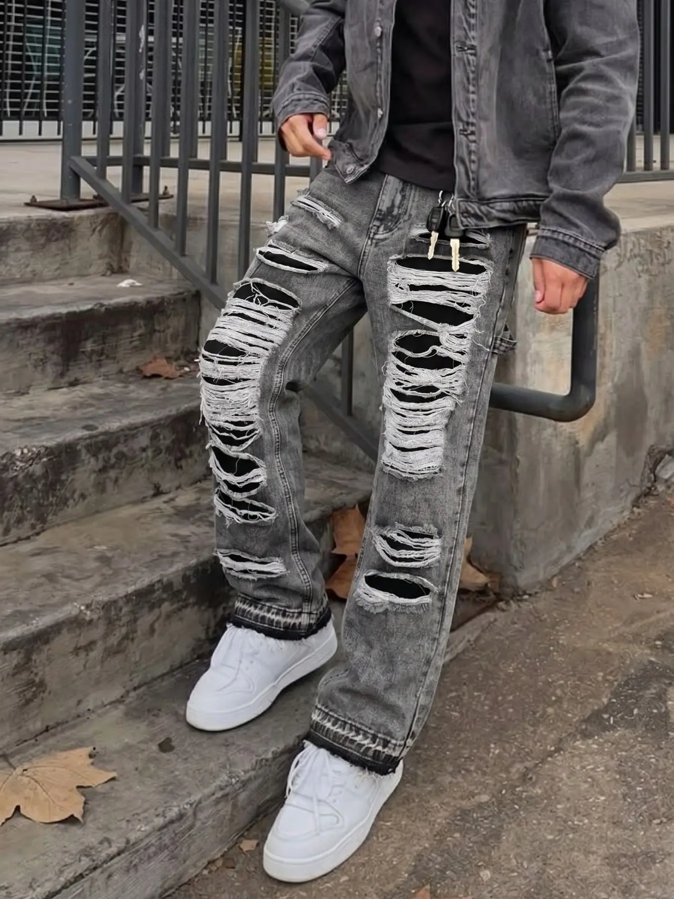 Men's Colorblock Hem Smoke Fringe Ripped Jeans, Vintage Smoke Heavy Fringe Ripped Edge Denim, High Street Streetwear Long Pants