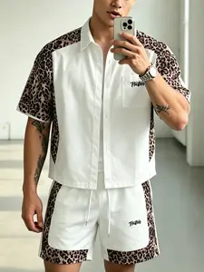 Men's Leopard Print Two-Piece Set, Contrast Sleeve Shirt, Elastic Waist Shorts, Breathable Summer Streetwear, Trendy Hip-Hop, Casual Set