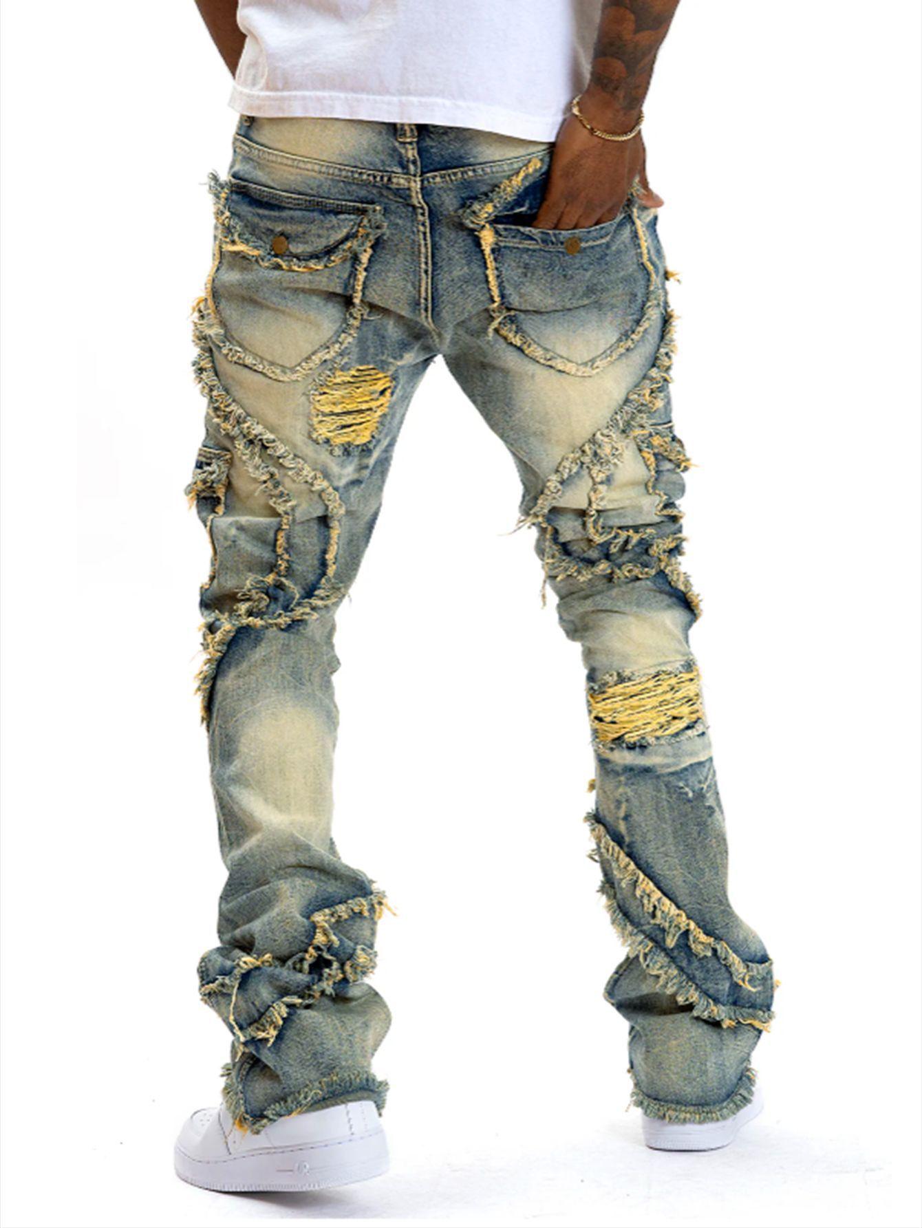 Men's Stacked Flare Jeans Distressed Mid Rise Stacked Flare Distressed Ripped Denim Jeans Frayed Fringe Vintage Wash Stretch Punk High Street Skate Streetwear Casual Daily Festival Wear for Fashion Forward Men Yellow