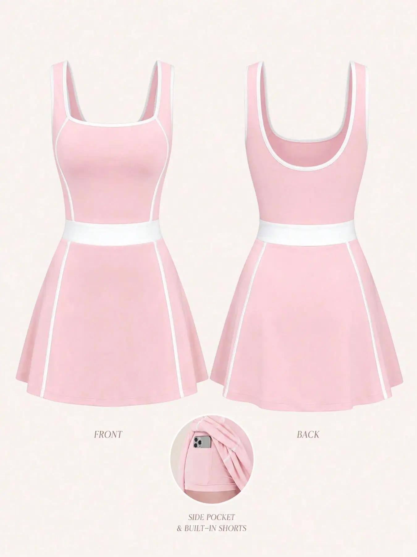 Women's Sleeveless Backless Colorblock Sports Dress, Inner Lined Briefs Shorts + Pocket Design, Waist Color Block Cinched Fashion Casual Gym Wear Sporty Dress, Workout Dress, Exercise Dress, Fitness Workout Dress