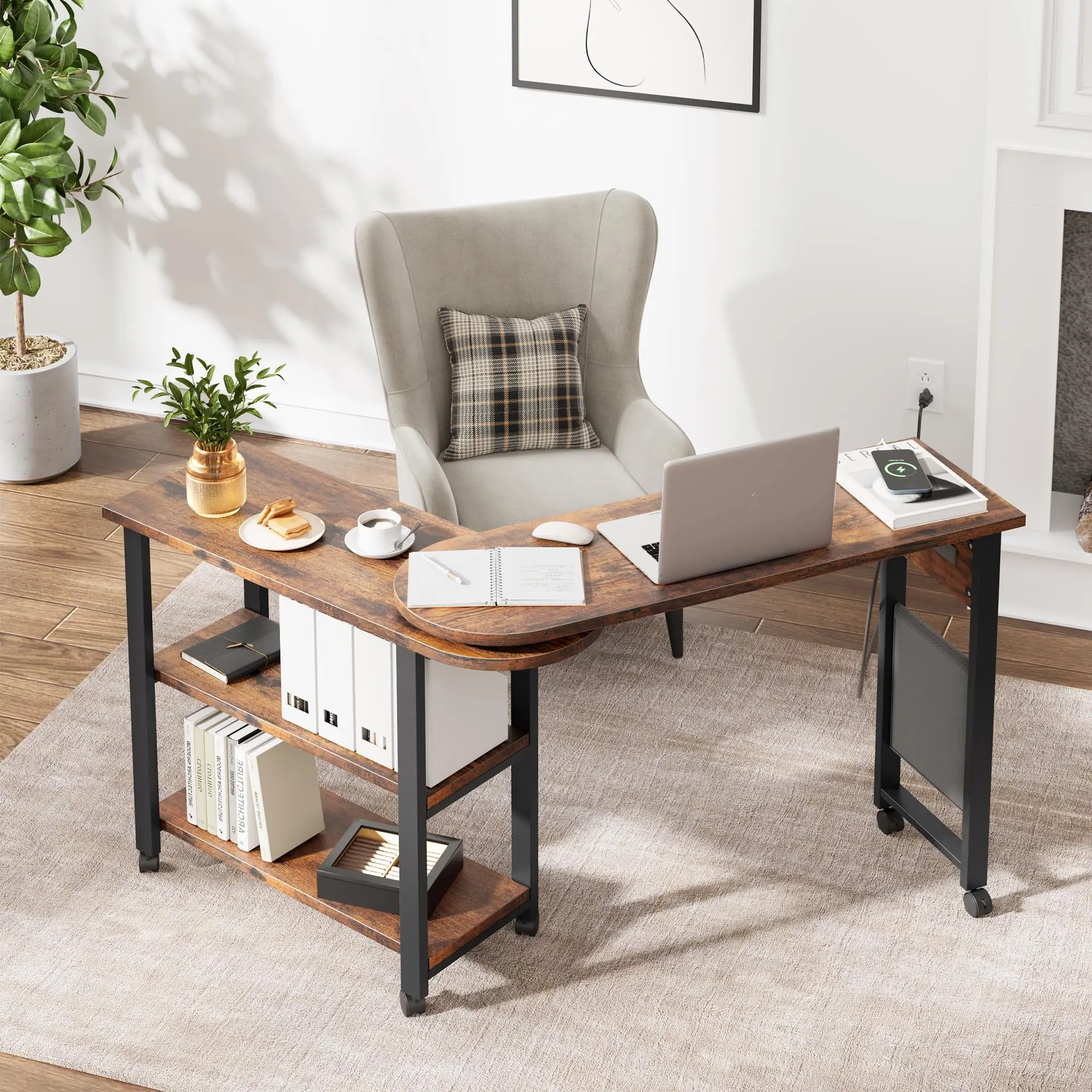 Garvee Rotating End Table with Charging Station, Swivel Side Table with Wheels
