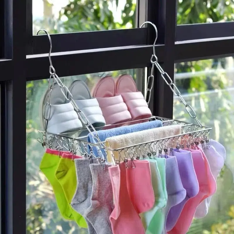 Stainless Steel Multi Clip Hanging Drying Rack, Foldable Sock Underwear Hanger for Laundry Drying, Space Saving Clothes Organizer for Family Indoor Balcony Apartment Use