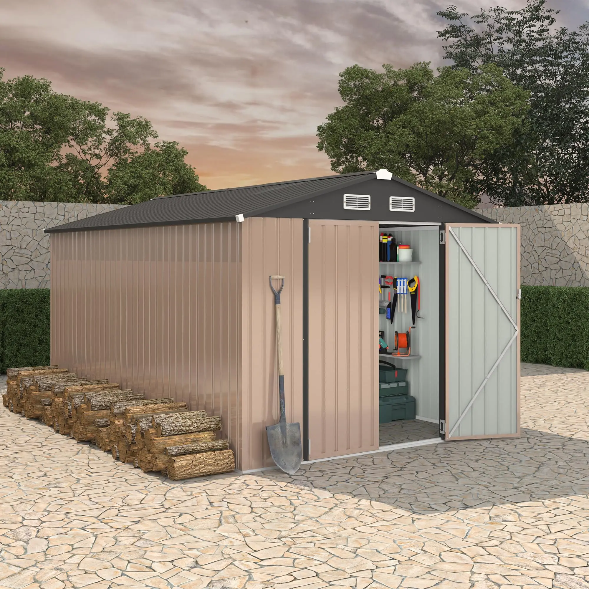 Maximize Your Outdoor Space! 8x12 FT Heavy Duty Metal Shed with Lockable Door & Vents for Backyard and Lawn Storage