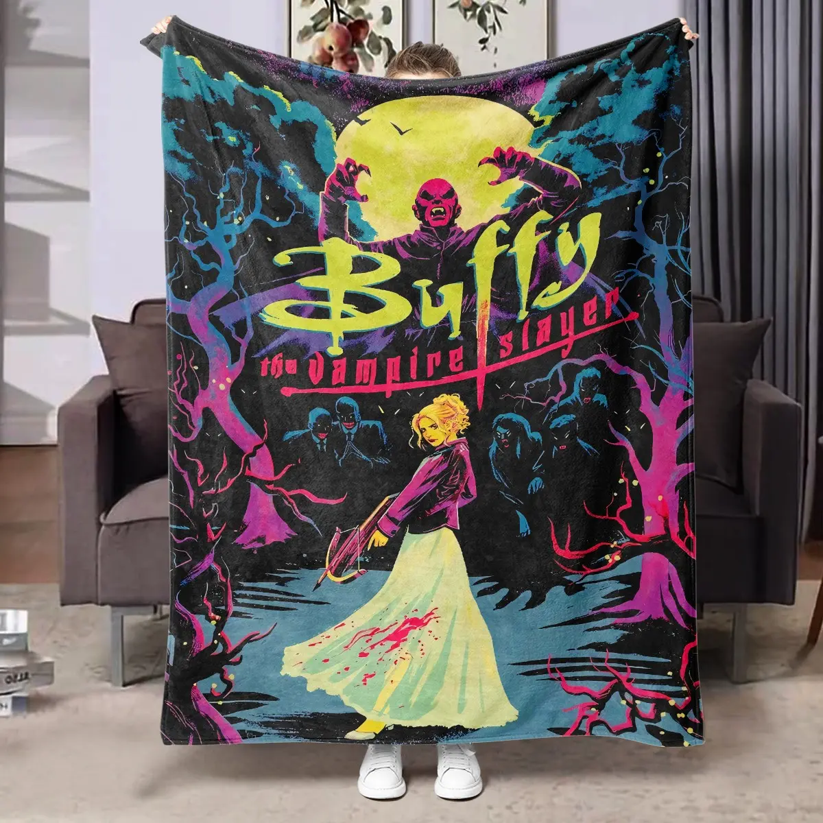 1PC Buffy The Vampire Slayer Flannel Blanket, Night Forest, Vampire & Hero Retro Comic Poster Print, Soft Warm Throw for Sofa Bed Office Shawl Camping, Perfect for Halloween Gift