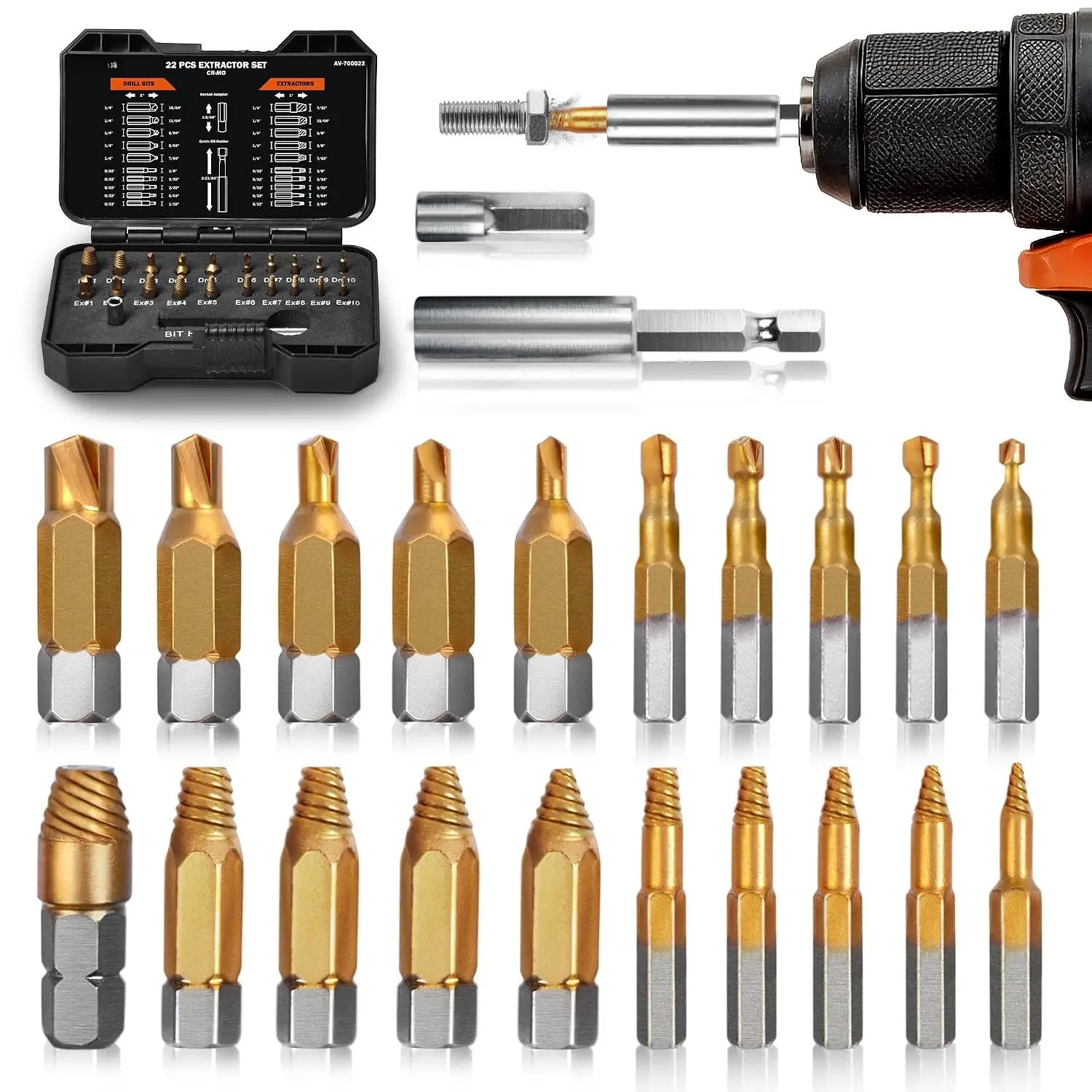 22 count Damaged Screw Extractor Set, Easy Out Screw Extractor Kit with  Extension Bit Holder & Socket Adapter, Screw Remover and Extractor Set for Removing Stripped Broken Bolt