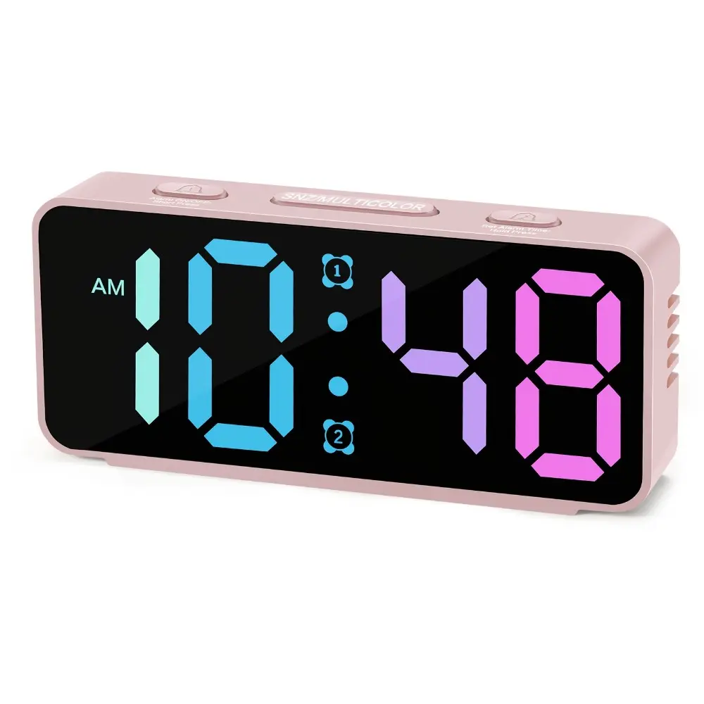 Digital LED Alarm Clock with 15 RGB Color Modes, Large Mirror Display Dual Alarms, Adjustable Brightness, Plug-in Desk Clock with Memory Backup, Electronic Clock for Bedroom Office Tabletop Decor, Digital Clocks for Bedrooms