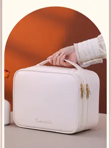Large Dual-Layer Portable Makeup Bag, Luxury PU Leather Detachable Divider, Handheld Travel Cosmetic Case, Skincare & Beauty Essentials