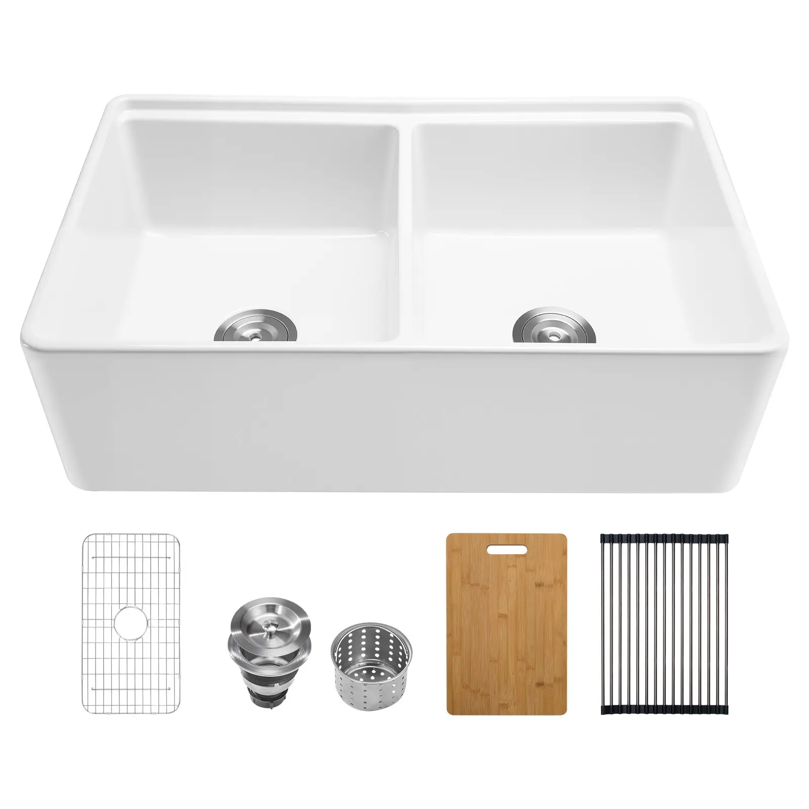 VEVOR 33x20 inch Farmhouse Sink, White Sink Workstation, Fireclay Undermount Basins, Apron Front Double Bowl Basin with Multiple Accessories, Large Capacity Household Dishwasher Sinks for Kitchen