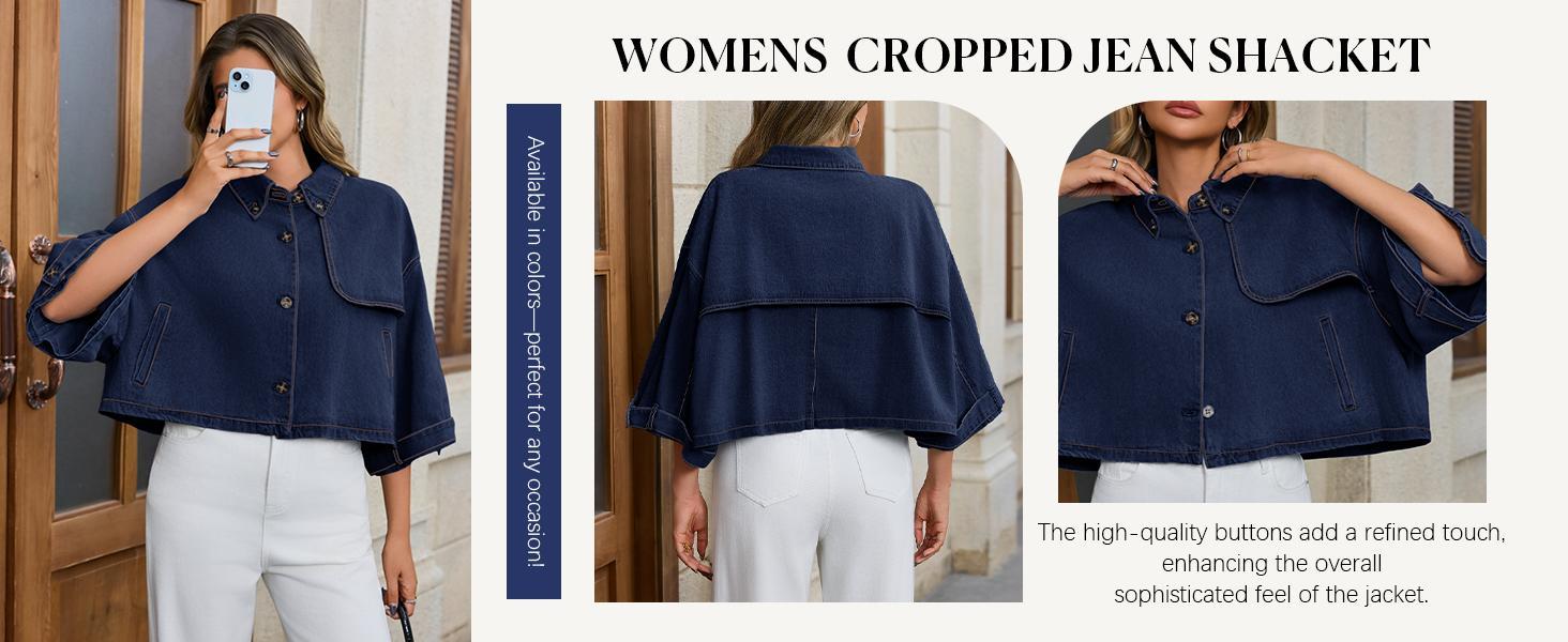 Women's Oversized Cropped Trench Coat, Single-Breasted 3/4 Cape Sleeve, Button-Up Casual Trendy Outerwear