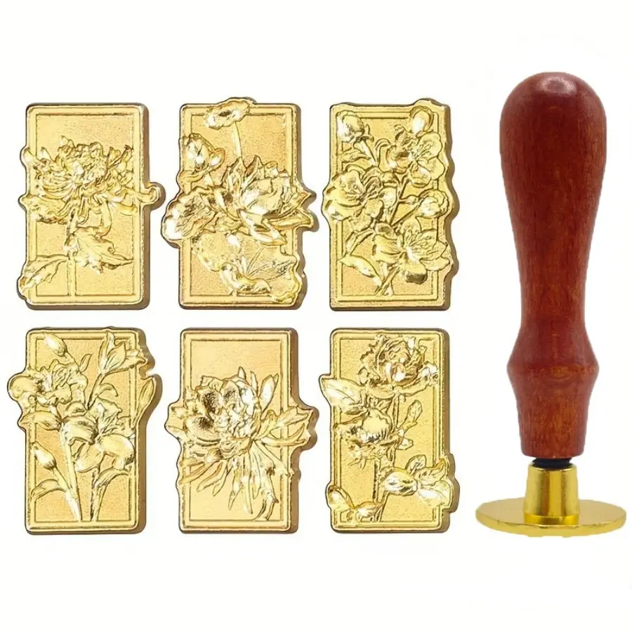7pcs Floral Wax Seal Stamp Set, Wax Seal Stamp Kit, 1 PC Retro Wooden Handle, 6 Flower Heads, Wedding Birthday Invitation Gift Decoration