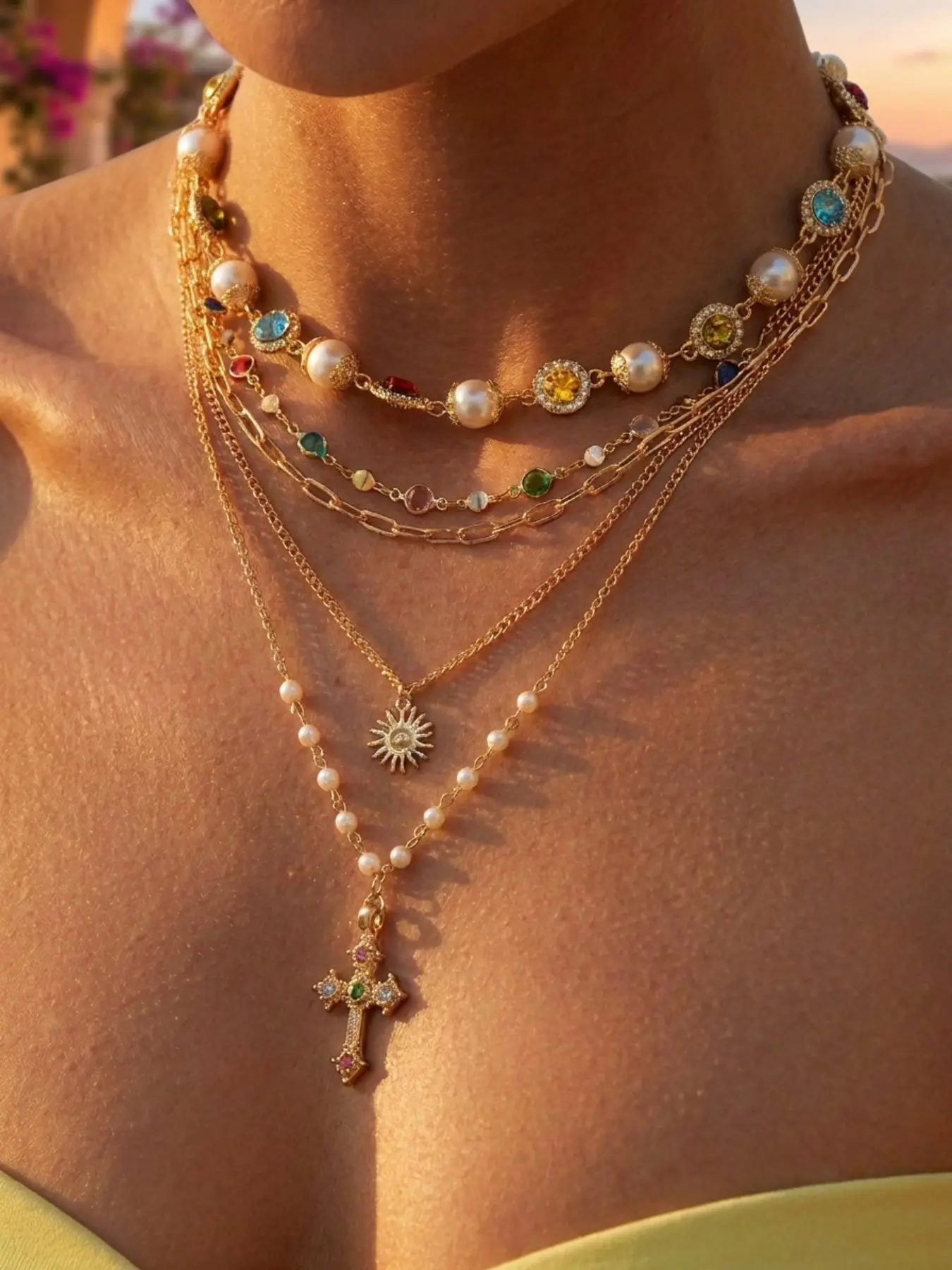 Five-Piece French Vintage Layered Necklace Set, Luxury Commuter Style, Colorful Pearl Choker, Fine Chain, Fidelia Chain, Sun Pendant, Cross Charm, Dainty Layering Jewelry, Fashion Jewelry Accessories, Fashion Matching Necklace