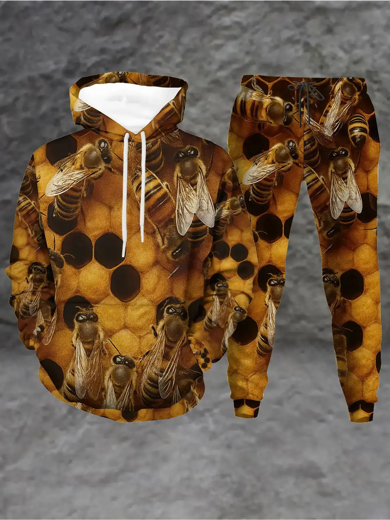 Men'S 2-Piece Set, Including Bee Print Hoodie And Sweatpants - Full Zip 3D Honeycomb And Bee Shaped Design For Warm And Casual Sportswear In Spring And Autumn, Including A Regular Fit Hooded Sweatshirt And Pants