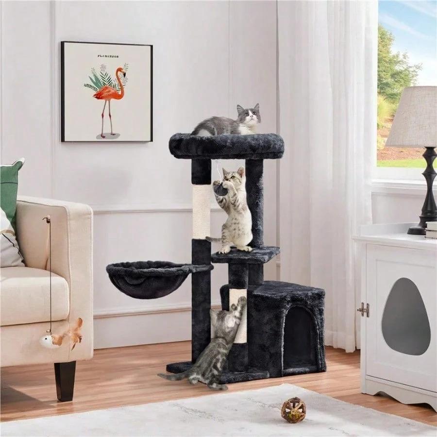 34.5" H Cat Tree Tower With Condo And Perches, Dark Gray,This Cat Tree Has Multiple Levels For Cats To Play And Sleep.