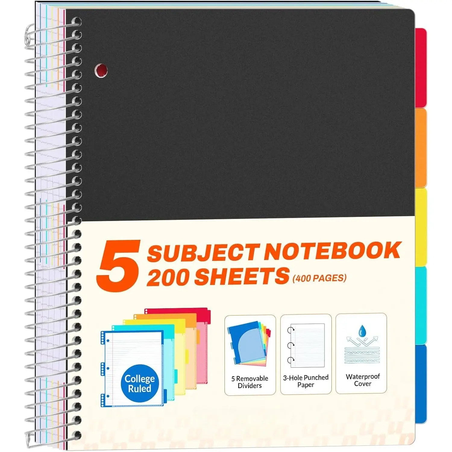 5 Subject Notebook College Ruled - 400 Pages, 9"x11", 5 Pocket Colored Dividers, 3-Hole Punched Paper, Black