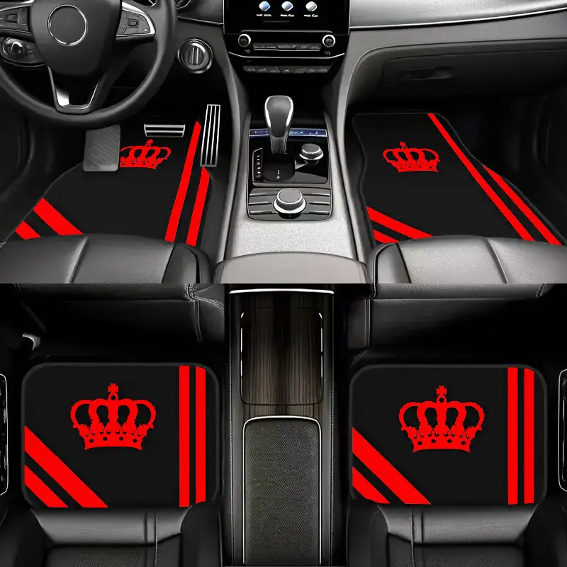 4‑Piece Universal Car Floor Mats, Red Crown Sport Stripe Auto Floor Carpets, Waterproof Anti‑Slip All Weather Car Foot Pads for Most Sedan SUV Truck, Black Red Automotive Interior Accessories