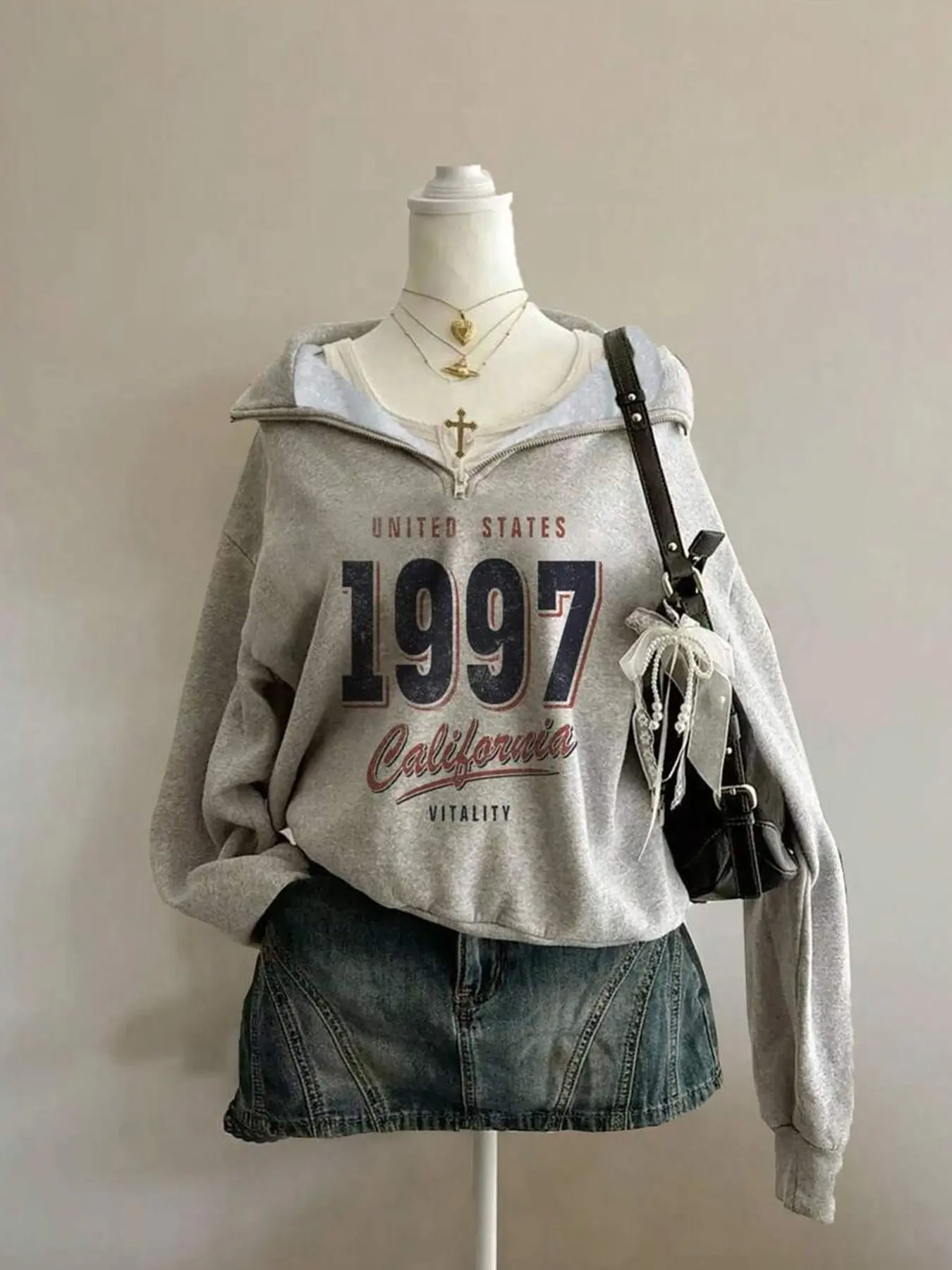 Women's Vintage 1997 California Half-Zip Fleece Hoodie, Collar Half-Open Zipper, United States Distressed Letter Number Print Sweatshirt