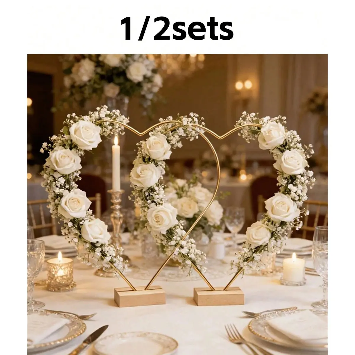Heart Shaped Wreath with Wooden Base, Metal Ring Centerpiece for Weddings, Birthday Parties, DIY Home Decor, 30cm