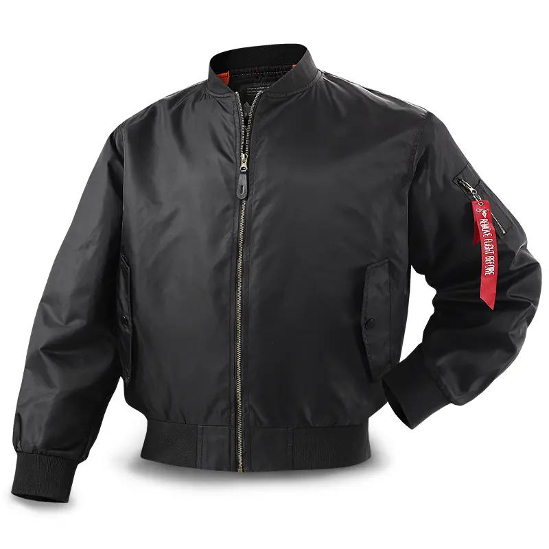Men's Flight Bomber Jacket MA-1 Military Style Classic Windproof Satin Shell Red Ribbon Tag Arm Zipper Pocket Orange Lining Ribbed Trim Outerwear Male Clothing cozy soft cool clean chic active sporty casual premium classic stylish durable 4-Colors