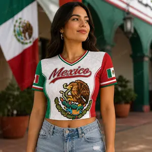 Mexico Crop Jersey Women Mexican Flag Tricolor Soccer Shirt White Red Green Eagle Graphic Futbol Fan Crop Top Aztec Print V Neck Short Sleeve Streetwear Cinco de Mayo Mexico Pride Summer Festival Outfit Latin Culture Gift
