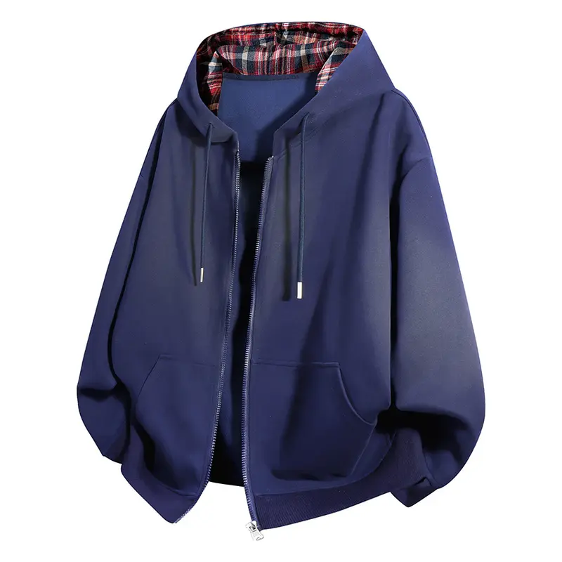American High Street Style Faux Two-Piece Plaid Hooded Sweatshirt Cardigan Jacket, Retro Red Plaid Lined Zip-Up Hooded Sweatshirt, Suitable For Street, Campus, And Commuting Wear, Long-Sleeve Cardigan Sweatshirt