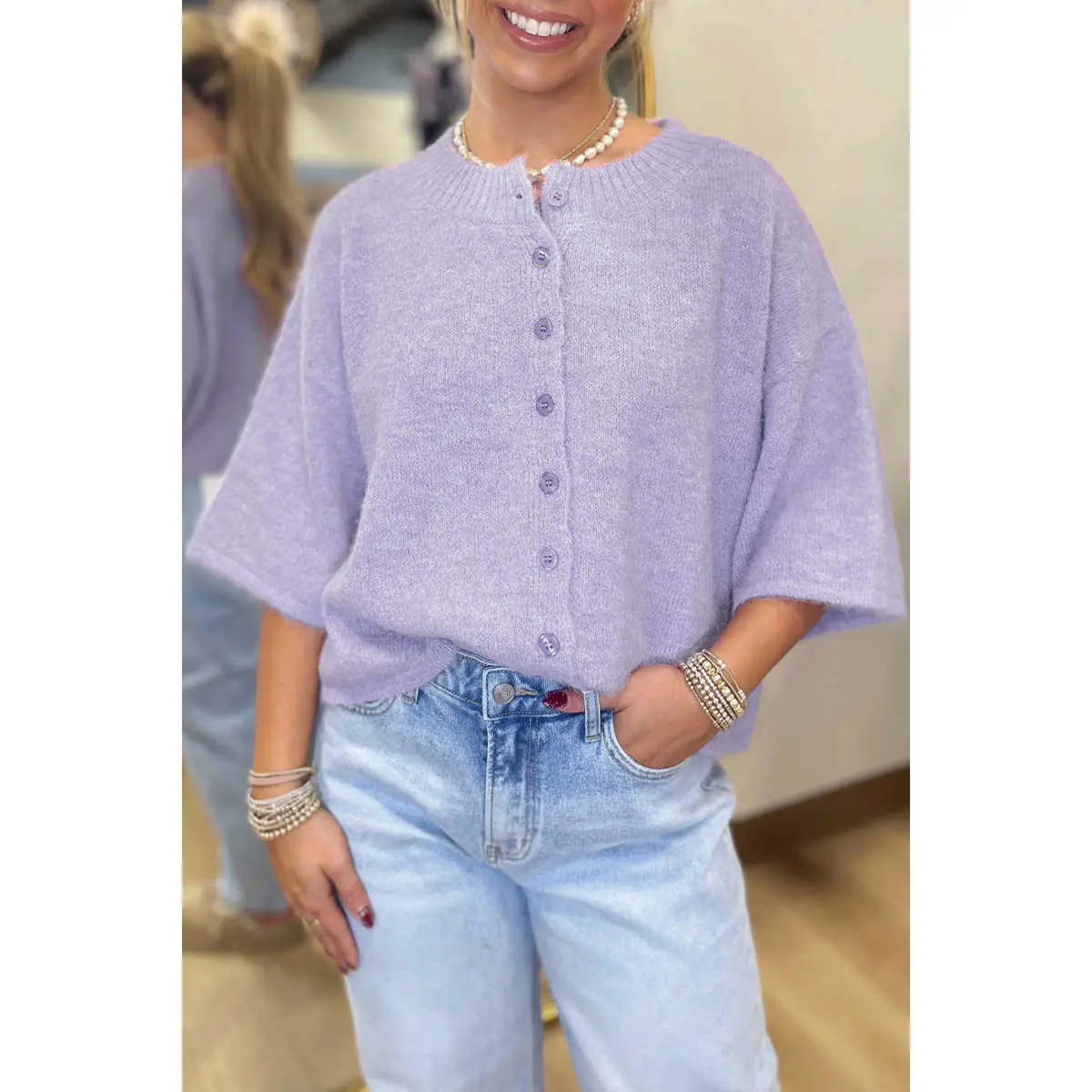 Women's 3/4 Sleeve Boxy Knit Button Front Sweater Cardigan, Soft Cropped Round Neck Loose Fit Cardigan Top, Lightweight Casual Knitwear for Layering Over Tanks or Tees Spring Fall Daily Wear #Summervibes #SummerWins
