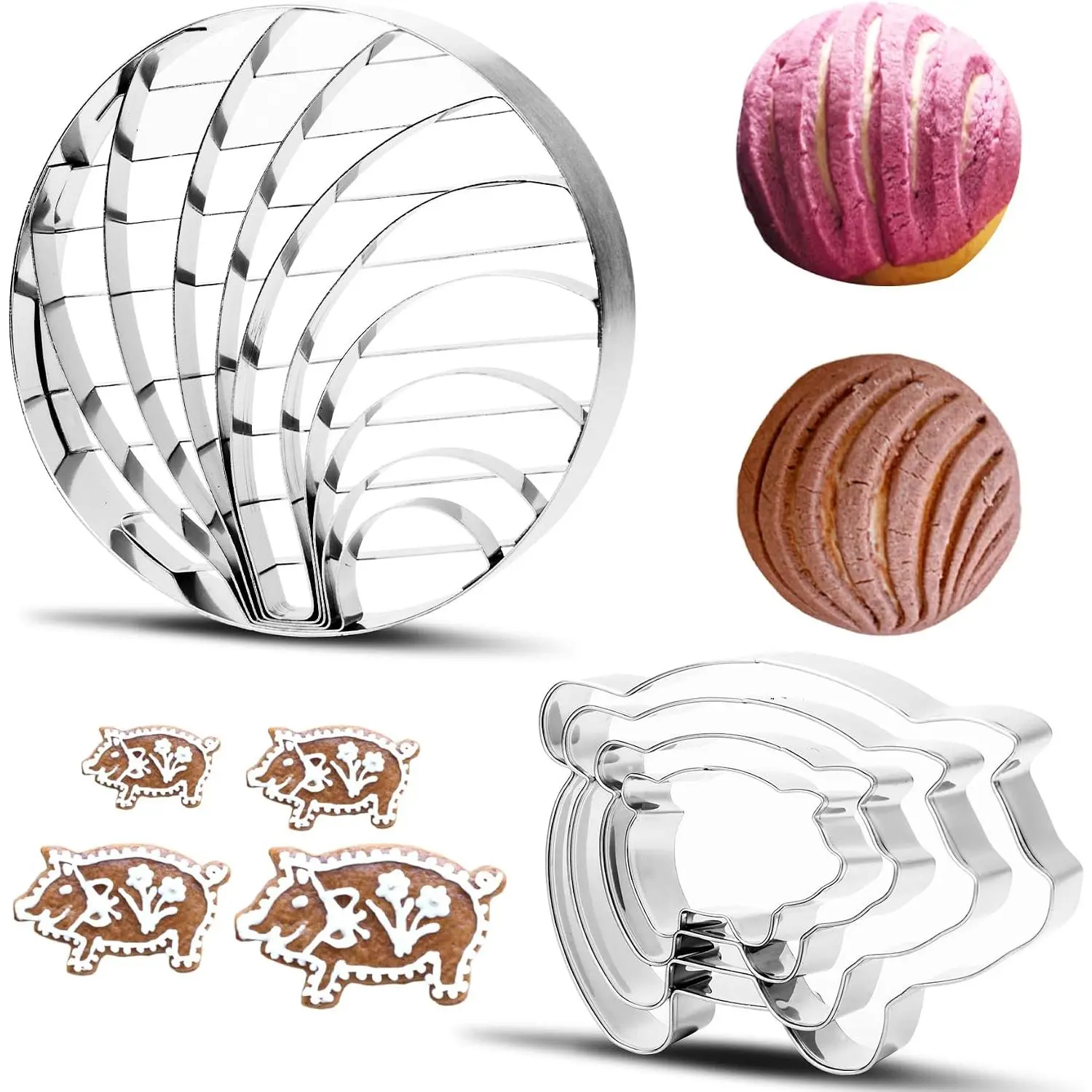 Concha  Mexican Bread Mold 4.29 Inch with 4 count Pig Cookie  Set, Stainless Steel Stainless Steel Pan Dulce Mold, Two Sided Concha  for Conchas Mold & Baking Tool