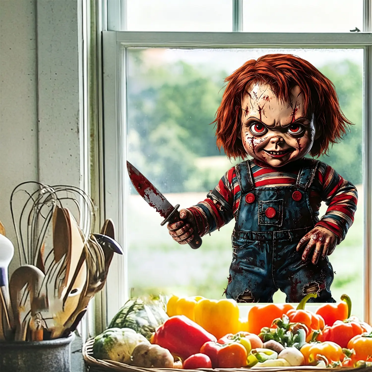 1PC Halloween festival decorative glass sticker, dark and thrilling style ghost doll window sticker decoration, glass door and window arrangement, horror atmosphere electrostatic sticker, home decoration, reusable window sticker