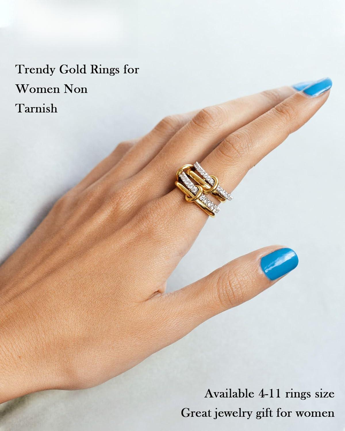 Stackable Gold Rings for Women 18K Gold Plated Interlocking Ring Stack Set Gold Silver Mixed Metal Statement Rings Waterproof Dainty Cubic Zirconia CZ Fashion Connected Band Thumb Ring Size 4-11 Jewelry Gift for Women